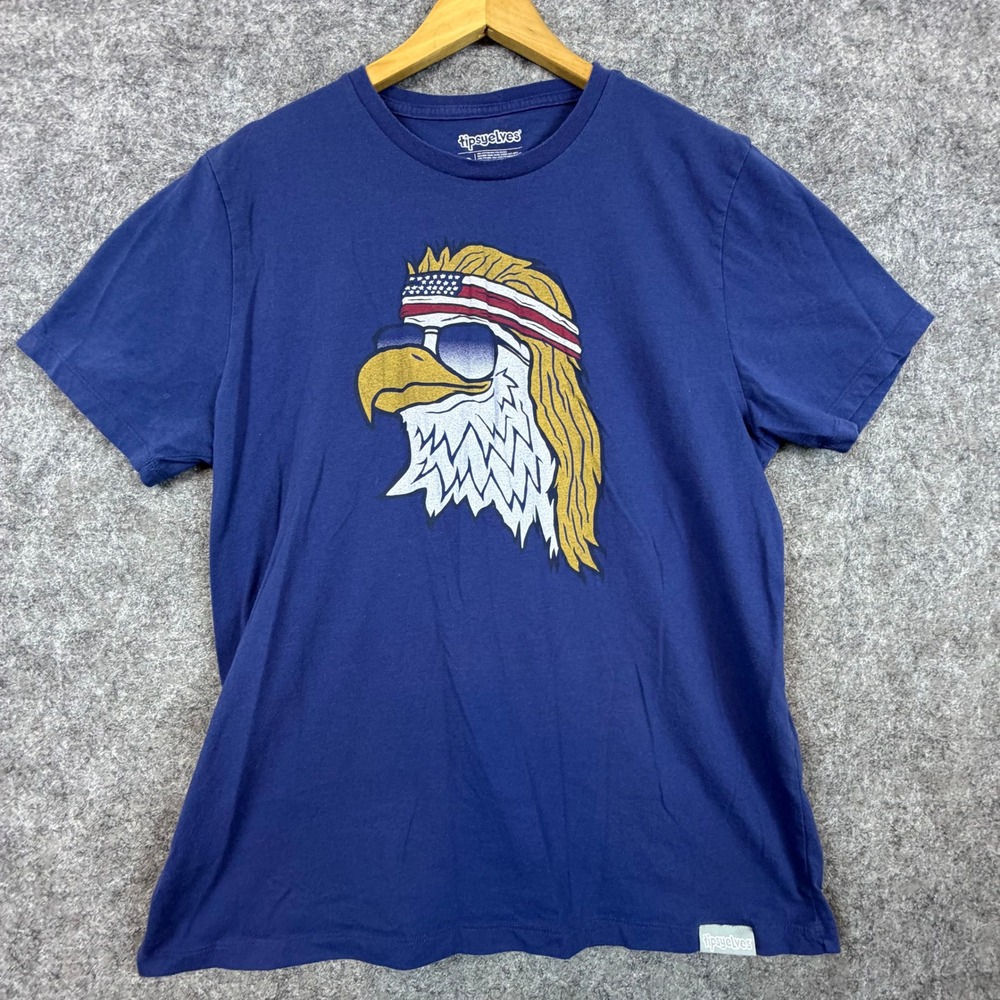 Tipsy‎ Elves Graphic Tee Mens XL Blue Excellent Mullet Eagle USA Flag Headband